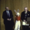 Mayor Koch presents an award to Lincoln Kirstein, with children from the School of American Ballet in costume for "The Nutcracker", (New York)