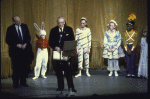 Mayor Koch presents an award to Lincoln Kirstein, with children from the School of American Ballet in costume for "The Nutcracker", (New York)