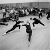 New York City Ballet rehearsal of "Movements for Piano and Orchestra" with George Balanchine and dancers, at left is Leslie Ruchala, seated Lucy Davidov and at piano Gordon Boelzner , choreography by George Balanchine (New York)