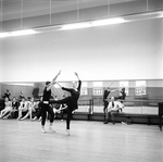 New York City Ballet rehearsal of "Movements for Piano and Orchestra" with George Balanchine (seated), Suzanne Farrell and Jacques d'Amboise, choreography by George Balanchine (New York)