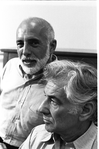 Conductor Leonard Bernstein and choreographer Jerome Robbins during rehearsal for New York City Ballet production of "Dybbuk" (New York)