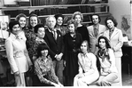 New York City Ballet Master George Balanchine with committee to plan Gala for premiere of "Dybbuk" ,seated are Marilyn Egol, Barbara Bellin, Esther Schecter, standing left is Sue Ralston, Peggy Nosiay-Ferguson,Countess de Brantes, Lucy Davidova, Balanchine, Frances La Gatta, Phyllis Kennedy, Kay Lepercq, Robert Cornell,and unidnet. (New York)
