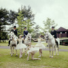 New York City Ballet - Susan Hendl, Violette Verdy and Lynn Stetson pose with horses and riders (garbed for dressage) for publicity opening of Saratoga Performing Arts Center (Saratoga)