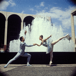 New York City Ballet - dancers Patricia Wilde and Andre Prokovsky by fountain in front of State Theater Lincoln Center (New York)