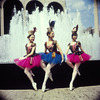 New York City Ballet - dancers Erica Goodman, Bettijane Sills , and Karen Morrell, publicity photo by fountain in front of State Theater Lincoln Center. (New York)
