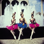 New York City Ballet - dancers Erica Goodman, Bettijane Sills , and Karen Morrell, publicity photo by fountain in front of State Theater Lincoln Center. (New York)