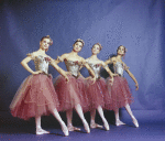 New York City Ballet - Studio photo of Gelsey Kirkland, Gail Crisa, an unidentified dancer and Polly Shelton in costume for "Brahms-Schoenberg Quartet", choreography by George Balanchine (New York)