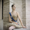 New York City Ballet - Suzanne Farrell poses on balcony of the New York State Theater in costume for "Ballet Imperial ", choreography by George Balanchine (New York)