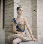 New York City Ballet - Suzanne Farrell poses on balcony of the New York State Theater in costume for "Ballet Imperial ", choreography by George Balanchine (New York)