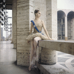 New York City Ballet - Suzanne Farrell poses on balcony of the New York State Theater in costume for "Ballet Imperial ", choreography by George Balanchine (New York)