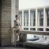 New York City Ballet - Suzanne Farrell poses on balcony of the New York State Theater in costume for "Ballet Imperial ", choreography by George Balanchine (New York)