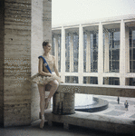 New York City Ballet - Suzanne Farrell poses on balcony of the New York State Theater in costume for "Ballet Imperial ", choreography by George Balanchine (New York)