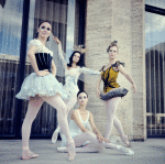 New York City Ballet - Publicity photo announcing Stravinsky Festival, on the balcony of the State Theater are dancers Patricia McBride, Karin von Aroldingen, Kay Mazzo and Linda Yourth (New York)