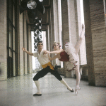 New York City Ballet - Publicity photo Patricia McBride and Edward Villella on the balcony of the unfinished New York State Theater at Lincoln Center, in "Tarantella" costume, choreography by George Balanchine (New York)