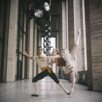 New York City Ballet - Publicity photo Patricia McBride and Edward Villella on the balcony of the unfinished New York State Theater at Lincoln Center, in "Tarantella" costume, choreography by George Balanchine (New York)
