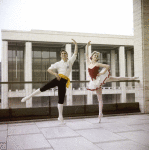 New York City Ballet - Publicity photo Patricia McBride and Edward Villella in front of the unfinished New York State Theater at Lincoln Center, in "Tarantella" costume, choreography by George Balanchine (New York)