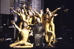 Martha Graham Dance Company dancers in costume for "Acts of Light", backstage at intermission with Martha Graham, choreography by Martha Graham