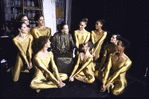 Martha Graham Dance Company dancers in costume for "Acts of Light", backstage at intermission with Martha Graham, choreography by Martha Graham