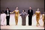 Martha Graham Dance Company; "Acts of Light" curtain call with (L-R) Yuriko Kimura, conductor (unidentified), Peter Sparling, Martha Graham, Halston, and Peggy Lyman, choreography by Martha Graham