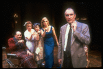 Actors (R-L) Simon Jones, Jane Summerhays, Patricia Conolly, J. Smith-Cameron and Jeff Weiss in scene from Broadway production of Tom Stoppard play "The Real Inspector Hound"