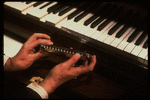 Hands of musician Larry Adler holding a harmonica. (New York)