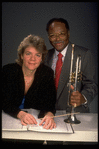 Publicity shot of Concordia conductor Marin Alsop with guest artist trumpeter Clark Terry (New York)