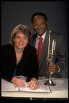 Publicity shot of Concordia conductor Marin Alsop with guest artist trumpeter Clark Terry (New York)