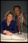 Publicity shot of Concordia conductor Marin Alsop with guest artist trumpeter Clark Terry (New York)