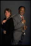 Publicity shot of Concordia conductor Marin Alsop with guest artist trumpeter Clark Terry (New York)