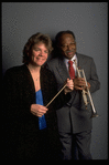 Publicity shot of Concordia conductor Marin Alsop with guest artist trumpeter Clark Terry (New York)