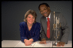 Publicity shot of Concordia conductor Marin Alsop with guest artist trumpeter Clark Terry (New York)