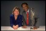 Publicity shot of Concordia conductor Marin Alsop with guest artist trumpeter Clark Terry (New York)