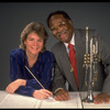Publicity shot of Concordia conductor Marin Alsop with guest artist trumpeter Clark Terry (New York)