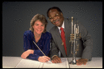 Publicity shot of Concordia conductor Marin Alsop with guest artist trumpeter Clark Terry (New York)