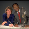 Publicity shot of Concordia conductor Marin Alsop with guest artist trumpeter Clark Terry (New York)