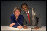 Publicity shot of Concordia conductor Marin Alsop with guest artist trumpeter Clark Terry (New York)