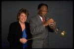 Publicity shot of Concordia conductor Marin Alsop with guest artist trumpeter Clark Terry (New York)