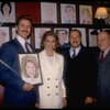 Actors (L-2L) John Schneider & Cyd Charisse, producer Sam Crothers, and restaurateur Vincent Sardi at hanging of Ms. Charisse's caricature on the wall of Sardi's restaurant to honor her Broadway debut in musical "Grand Hotel" (New York)