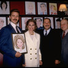 Actors (L-2L) John Schneider & Cyd Charisse, producer Sam Crothers, and restaurateur Vincent Sardi at hanging of Ms. Charisse's caricature on the wall of Sardi's restaurant to honor her Broadway debut in musical "Grand Hotel" (New York)