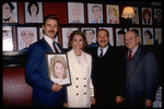 Actors (L-2L) John Schneider & Cyd Charisse, producer Sam Crothers, and restaurateur Vincent Sardi at hanging of Ms. Charisse's caricature on the wall of Sardi's restaurant to honor her Broadway debut in musical "Grand Hotel" (New York)