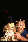 Publicity shot of performer Fred Curchack with puppet in theater piece "The Stuff That Dreams Are Made Of" at the Brooklyn Academy of Music (New York)