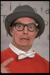 Publicity shot of actor Bill Irwin while appearing in Broadway play "The Accidental Death of an Anarchist " (New York)
