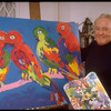 Actor/artist Van Johnson at work on painting in his home (New York)