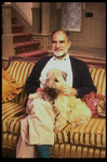 Playwright Larry Kramer & his pet dog on the set of his play "Just Say No" (New York)