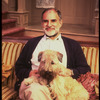 Playwright Larry Kramer with pet dog on the set of his play "Just Say No" (New York)