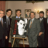 Actor Ian McKellan (3L), standing behind poster of production of "Richard III" at the Brooklyn Academy of Music (BAM) (New York)