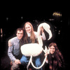 (L-R) Producer Joseph Papp, actress Meryl Streep and playwright/composer Elizabeth Swados on the set of "Alice in Concert" at the New York Shakespeare Festival Theater (New York)