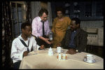 Producer Joseph Papp (2L) with actress Gloria Foster (2R) and cast during rehearsal of play "Forbidden City" at the New York Shakespeare Festival Theater (New York)