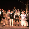 Actors (2L-C) Stephen Collins, Fisher Stevens, Mary Elizabeth Mastrantonio and Gregory Hines, Jeff Goldblum (4R with cake) and (3R-R) Michelle Pfeiffer, Charlaine Woodard and John Amos for producer Joseph Papp's birthday, during "Twelfth Night" curtain call (New York)