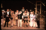 Actors (2L-C) Stephen Collins, Fisher Stevens, Mary Elizabeth Mastrantonio and Gregory Hines, Jeff Goldblum (4R with cake) and (3R-R) Michelle Pfeiffer, Charlaine Woodard and John Amos for producer Joseph Papp's birthday, during "Twelfth Night" curtain call (New York)